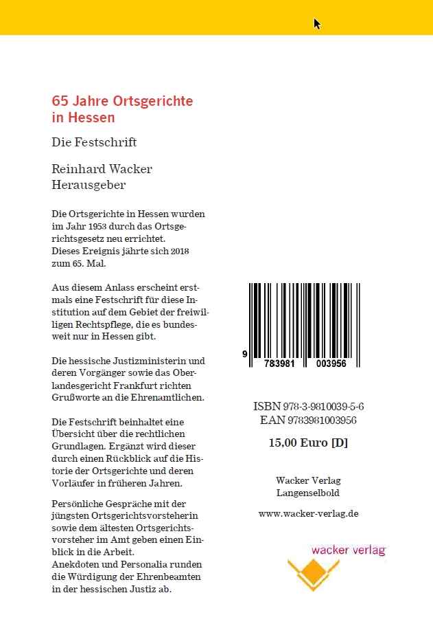 Rückseitencover 65 Jahre Ortsgerichte in Hessen