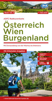 Vorderes Coverbild ADFC-Radtourenkarte ÖS2 Österreich Wien Burgenland 1:150:000, reiß- und wetterfest, E-Bike geeignet, GPS-Tracks Download, mit Bett+Bike Symbolen, mit Kilometer-Angaben