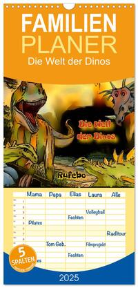Vorderes Coverbild Familienplaner 2025 - Die Welt der Dinos mit 5 Spalten (Wandkalender, 21 x 45 cm) CALVENDO