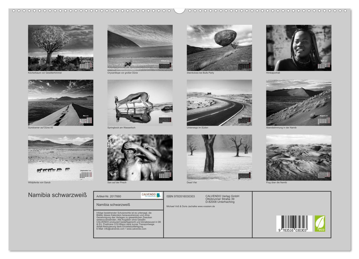 Beispielinhalt (Bild) Namibia schwarzweiß (hochwertiger Premium Wandkalender 2026 DIN A2 quer), Kunstdruck in Hochglanz