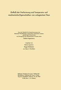 Vorderes Coverbild Einfluß der Verformung und Temperatur auf mechanische Eigenschaften von unlegiertem Titan