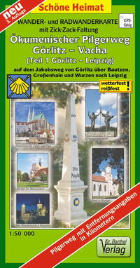 Vorderes Coverbild Wander- und Radwanderkarte Ökumenischer Pilgerweg Görlitz-Vacha (Teil 1 Görlitz-Leipzig) mit Zick-Zack-Faltung. 1:50000
