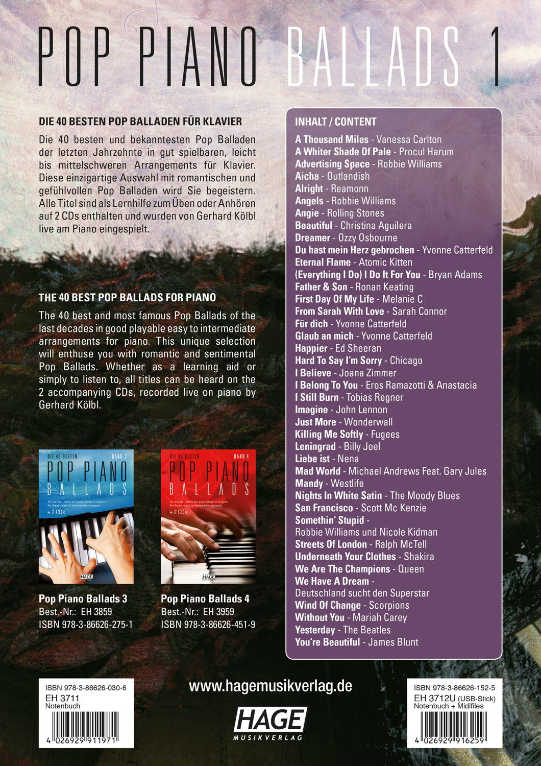 Rückseitencover Pop Piano Ballads 1 mit 2 Playback-CDs