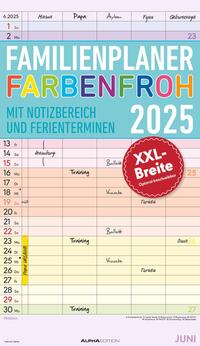 Vorderes Coverbild Alpha Edition - Familienplaner Farbenfroh 2025 Familientimer, 26x45cm, Familienkalender mit 5 Spalten für Termine, viel Platz für Notizmöglichkeiten, Ferientermine DE/AT/CH, deutsches Kalendarium