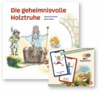 Vorderes Coverbild Basisset Buch "Die geheimnisvolle Holztruhe" und Charakterkarten
