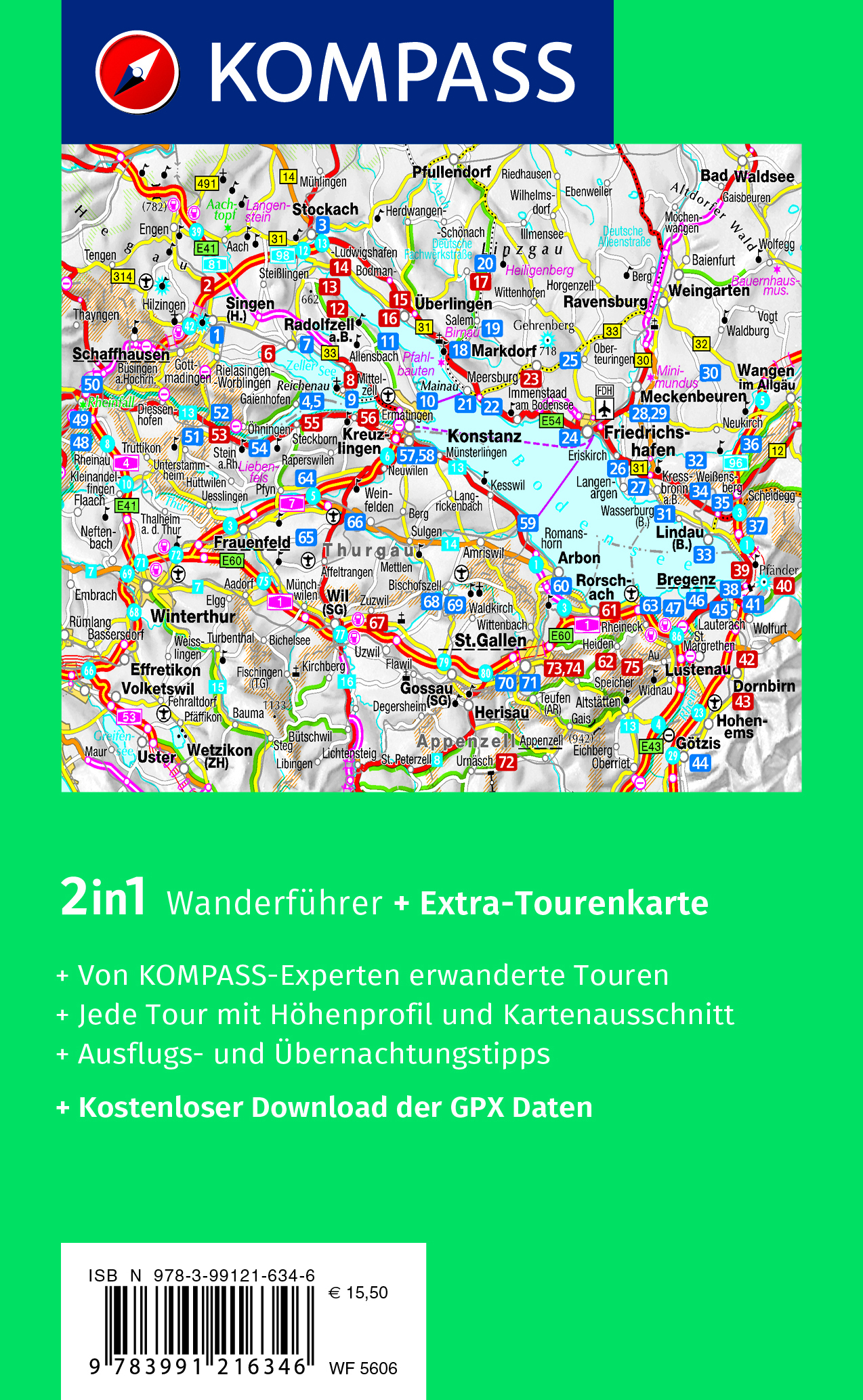 Rückseitencover KOMPASS Wanderführer Bodensee, 75 Touren mit Extra-Tourenkarte