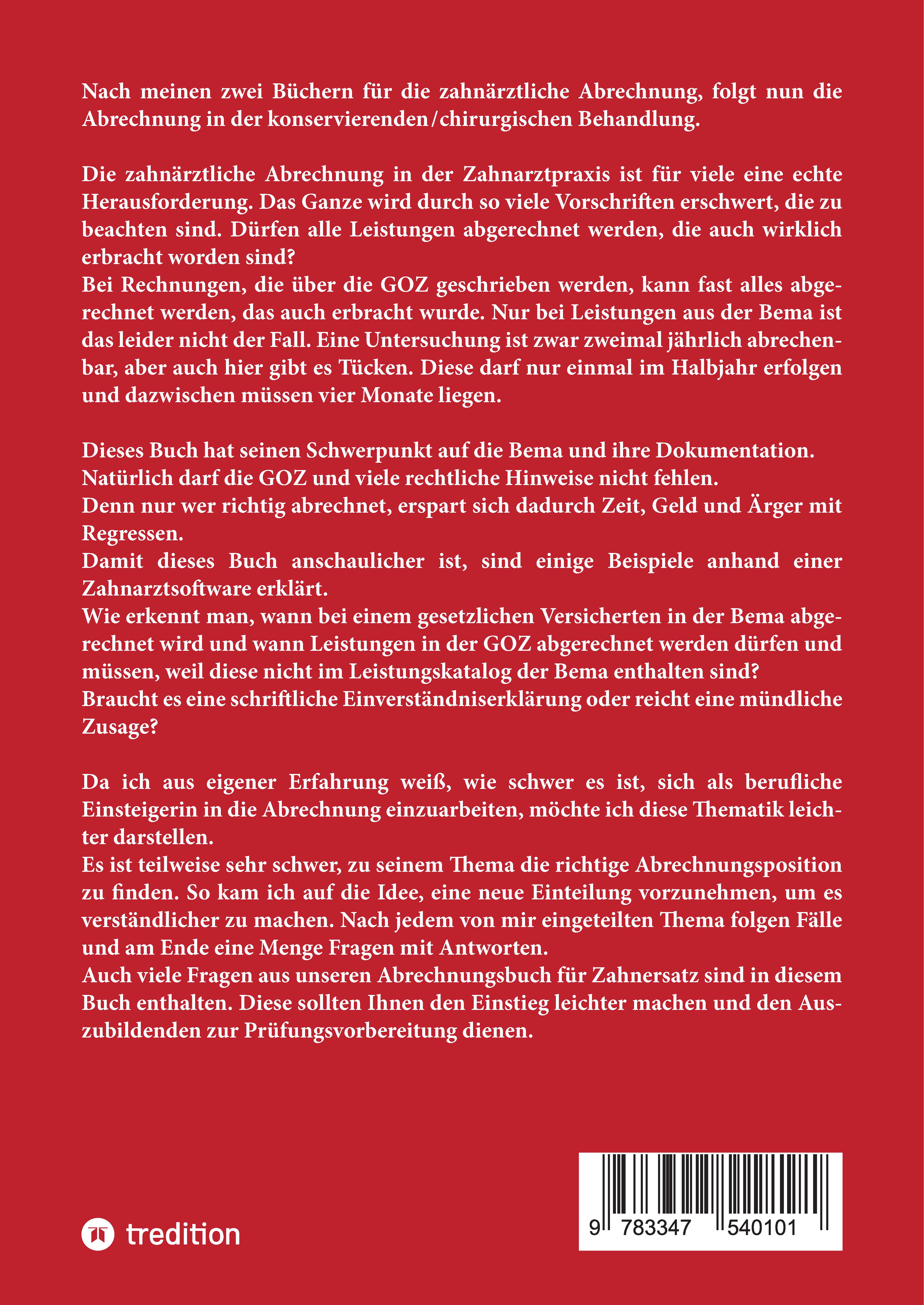 Rückseitencover Abrechnung konservierende/chirurgische Behandlung für die Zahnarztpraxis