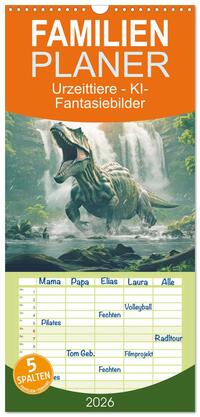 Vorderes Coverbild Familienplaner 2026 - Urzeittiere - KI-Fantasiebilder mit 5 Spalten (Wandkalender, 21 x 45 cm) CALVENDO