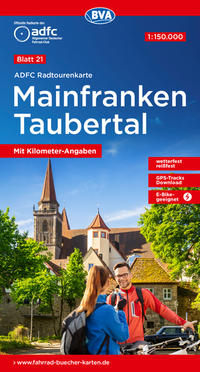 Vorderes Coverbild ADFC-Radtourenkarte 21 Mainfranken Taubertal 1:150.000, reiß- und wetterfest, E-Bike geeignet, GPS-Tracks Download, mit Bett+Bike Symbolen, mit Kilometer-Angaben