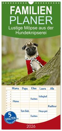 Vorderes Coverbild Familienplaner 2026 - Lustige Möpse aus der Hundeknipserei mit 5 Spalten (Wandkalender, 21 x 45 cm) CALVENDO