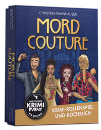 Vorderes Coverbild Mord Couture. Krimi-Rollenspiel und Kochbuch. Das perfekte Krimi-Event für Zuhause. Für 6 Spieler ab 12 Jahren