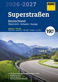 Vorderes Coverbild ADAC Superstraßen Autoatlas 2026/2027 Deutschland 1:200.000, Österreich, Schweiz 1:300.000 mit Europa 1:4,5 Mio.