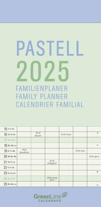 Vorderes Coverbild GreenLine – Pastell 2025 Familienplaner, 22x45cm, Familienkalender mit effizienter Monatsaufteilung in 5 Spalten, für Familienorganisation, Schulferien und Stundenpläne, mit Spiralbindung