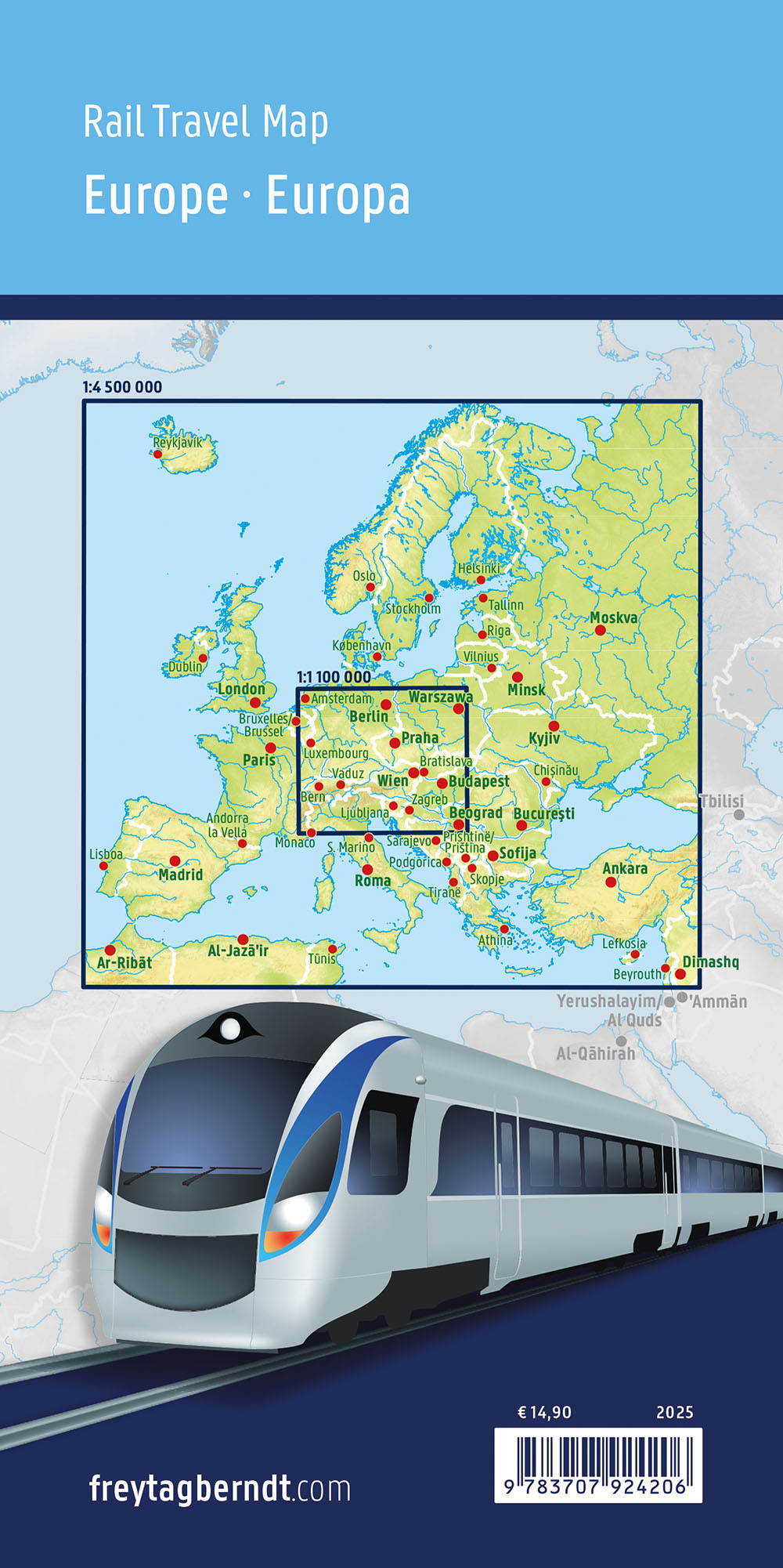 Rückseitencover Europa, Rail Travel Map 1:4.500.000, freytag & berndt