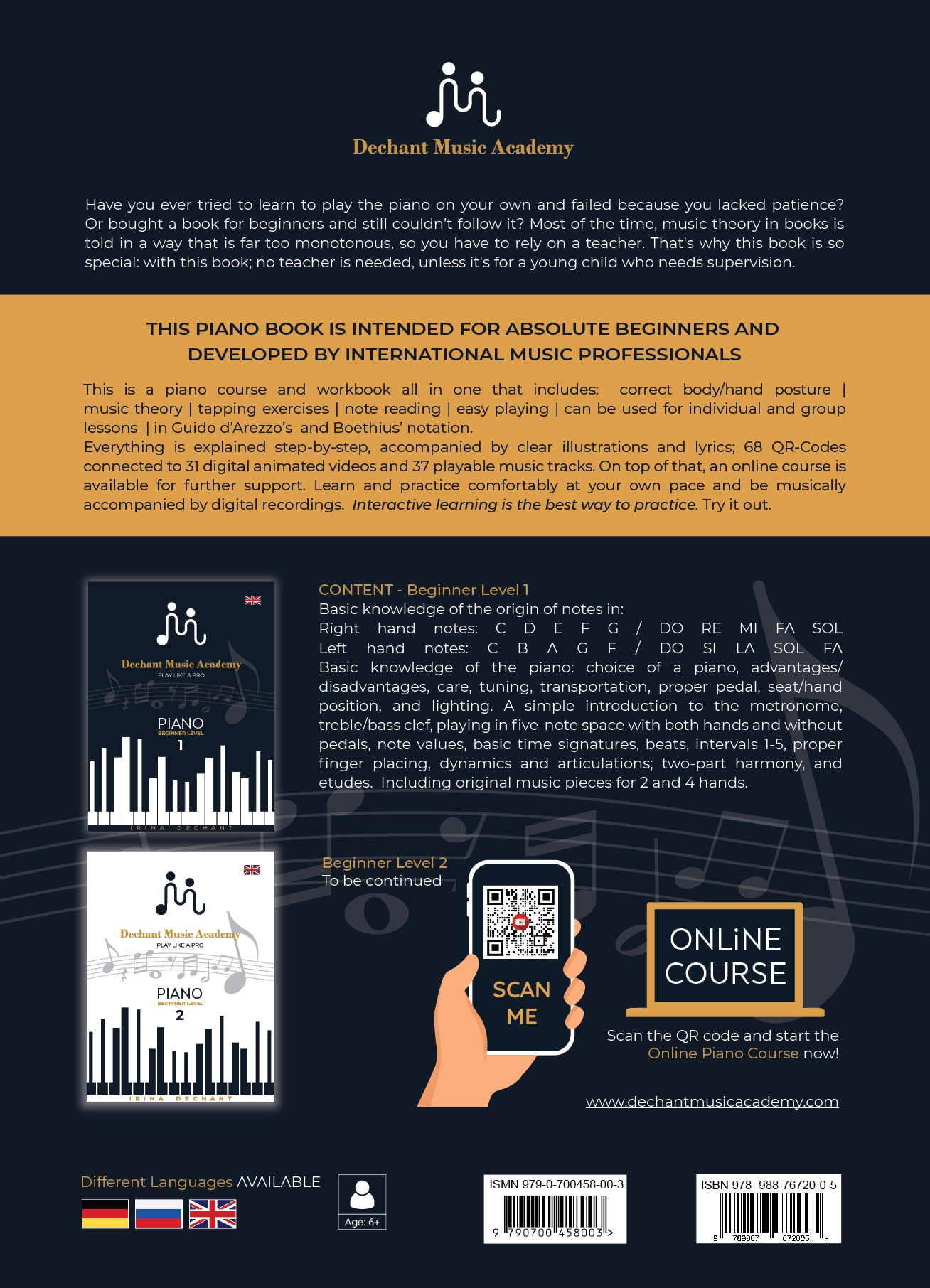Rückseitencover Play Like A Pro - Piano | Beginner Level 1 | via 68 QR Codes - Video and Audio | Online Piano Course