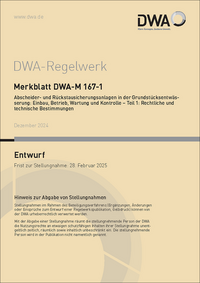 Vorderes Coverbild Merkblatt DWA-M 167-1 Abscheider und Rückstausicherungsanlagen in der Grundstücksentwässerung: Einbau, Betrieb, Wartung und Kontrolle - Teil 1: Rechtliche und technische Bestimmungen (Entwurf)