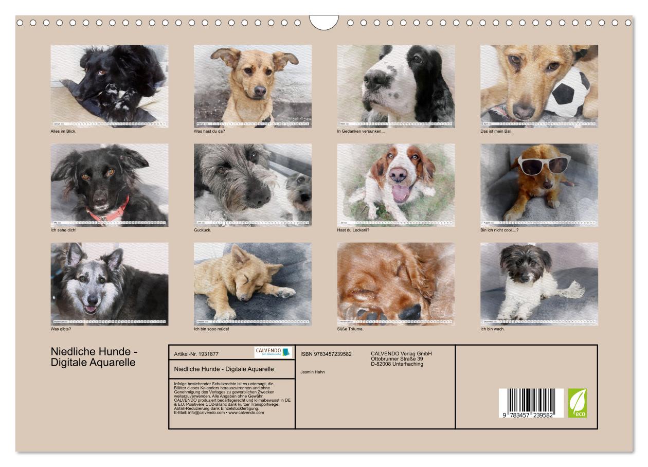 Beispielinhalt (Bild) Niedliche Hunde - Digitale Aquarelle (Wandkalender 2025 DIN A3 quer), CALVENDO Monatskalender