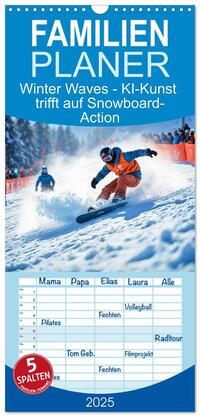 Vorderes Coverbild Familienplaner 2025 - Winter Waves - KI-Kunst trifft auf Snowboard-Action mit 5 Spalten (Wandkalender, 21 x 45 cm) CALVENDO
