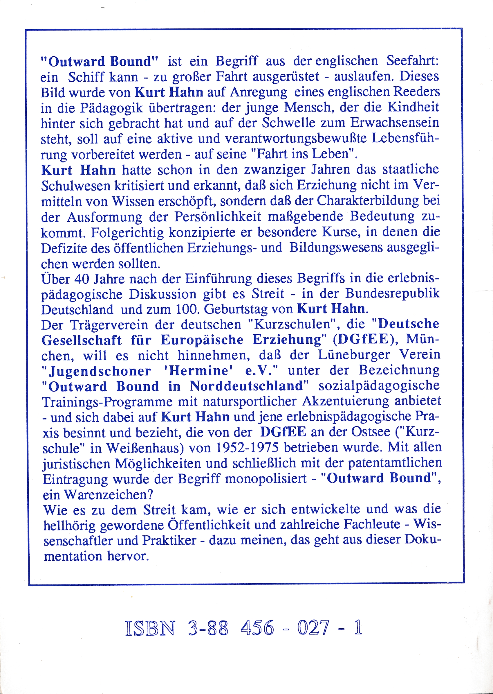 Rückseitencover Outward Bound - Geschütztes Warenzeichen oder offener pädagogischer Begriff?