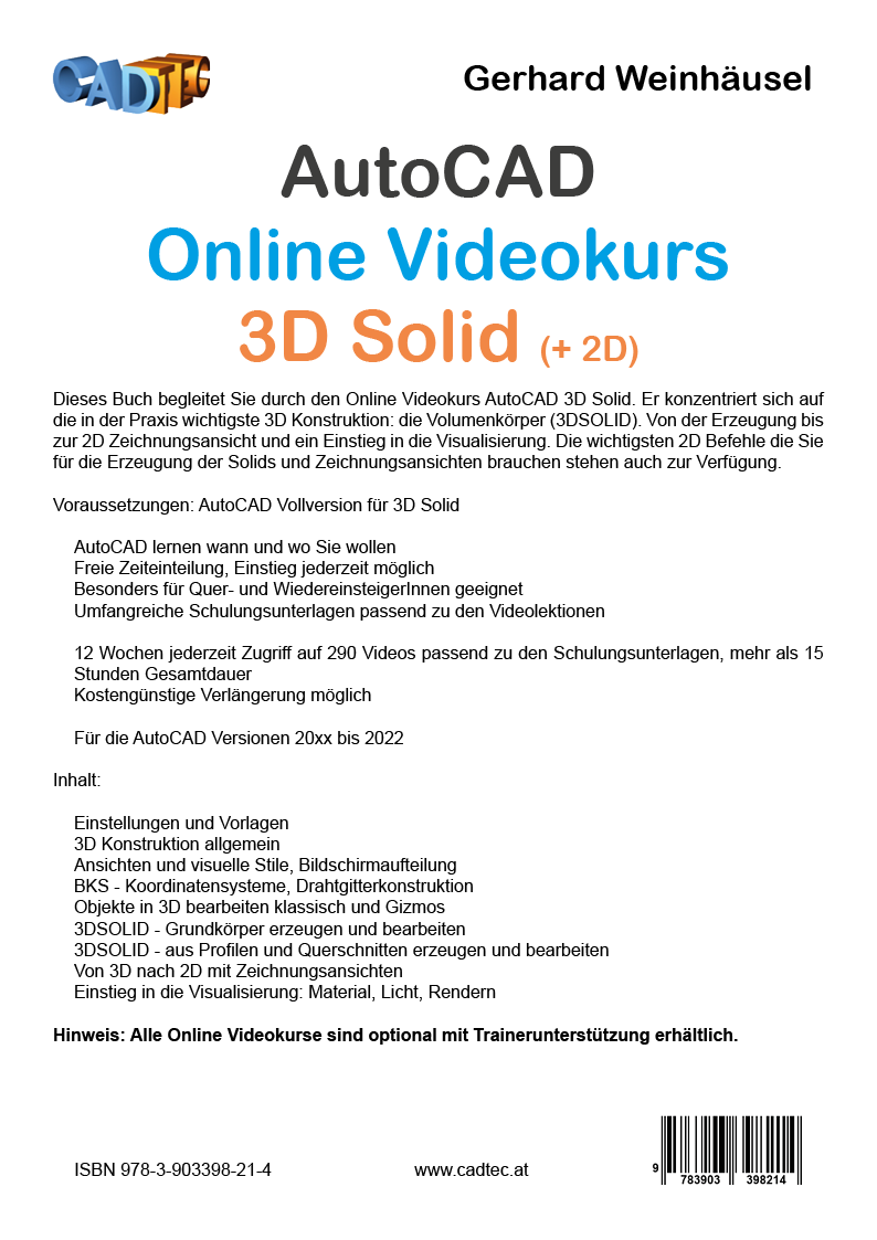 Rückseitencover AutoCAD Online Videokurs: Anwender 3D Solid (+2D Basics)