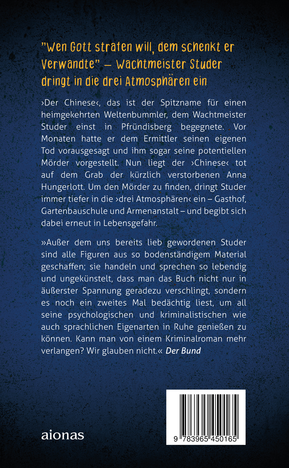 Rückseitencover Der Chinese. Friedrich Glauser. Ein Studer-Krimi