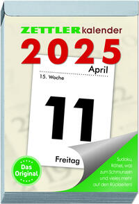 Vorderes Coverbild Zettler - Tagesabreißkalender 2025 XXL, 9,9x14,3cm, Abreißkalender mit Sudokus, Rezepten und Rätseln, Sonnen- und Mondzeiten, Namenstage, mit Aufhängung und deutsches Kalendarium