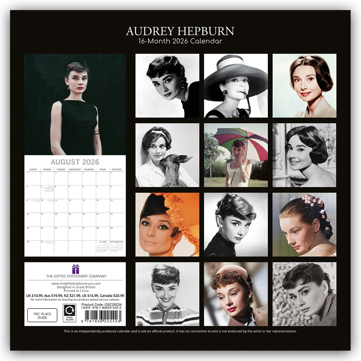 Rückseitencover Audrey Hepburn 2026 – 16-Monatskalender