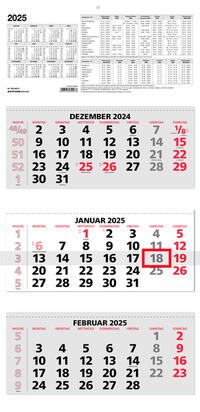 Vorderes Coverbild 3-Monatskalender 2025 - 33,5x71 rot - mit Kopftafel - Datumsschieber - 5 sprachig - 3 Blöcke - 953-0011