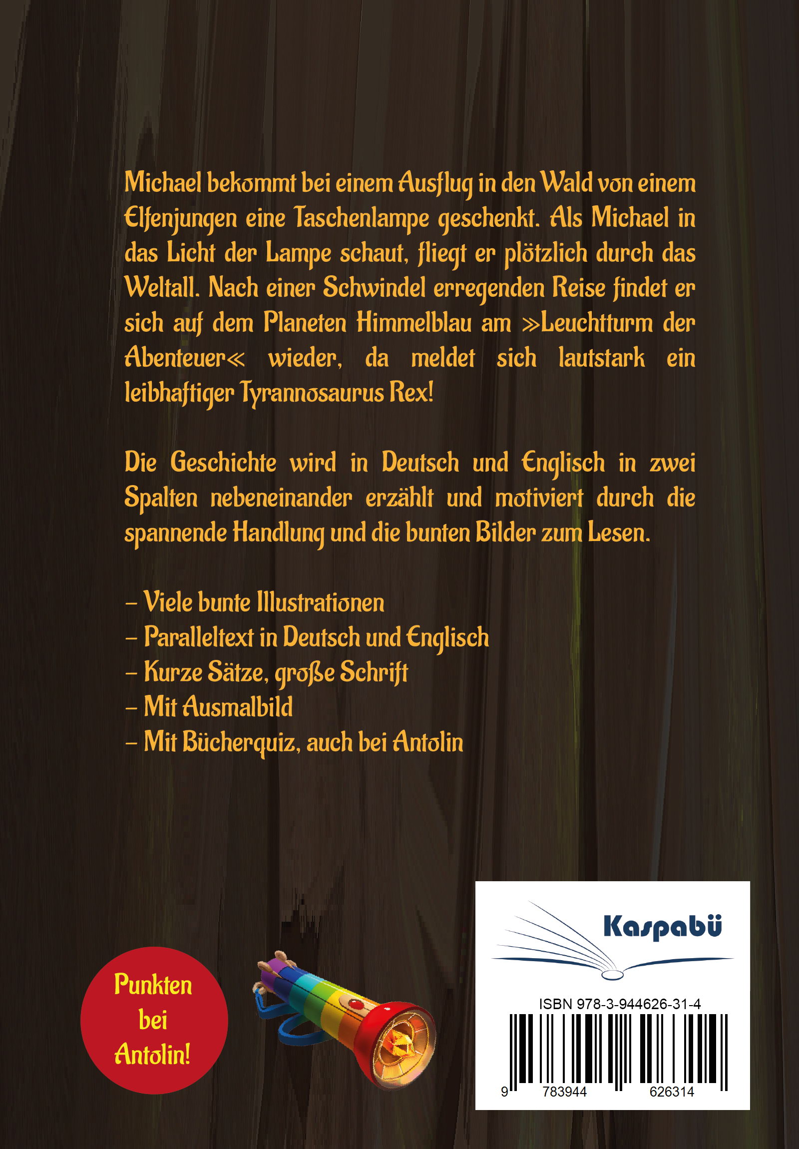 Rückseitencover Leuchtturm der Abenteuer The Magical Dinosaur Hunt - Zweisprachiges Kinderbuch in Deutsch Englisch