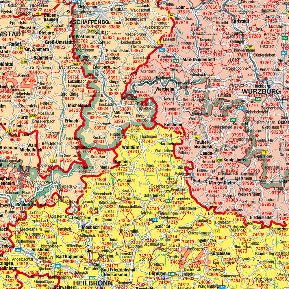 Beispielinhalt (Bild) Deutschland Postleitzahlen, Poster 1:700.000, Metallbestäbt in Rolle
