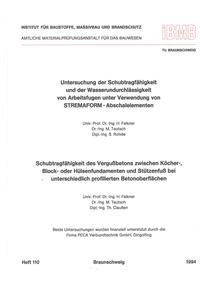 Vorderes Coverbild Untersuchung der Schubtragfähigkeit und der Wasserundurchlässigkeit von Arbeitsfugen unter Verwendung von Stremaform-Abschalelementen. - Falkner, Horst;Teutsch, Manfred;Claussen, Thiess: Schubtragfähigkeit des Vergussbetons zwischen Köcher-, Block- oder Hülsenfundamenten und Stützenfuss bei unterschiedlich profilierten Betonoberflächen