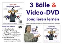 Vorderes Coverbild Video-DVD "Jonglieren-lernen" plus Broschüre "Demenz und Alzheimer vorbeugen mit Jonglieren" plus 3 Jonglierbälle plus Jonglier-Anleitung