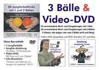 Vorderes Coverbild Video-DVD "80 Jonglierballtricks mit 1 und 2 Bällen" plus Broschüre "Demenz und Alzheimer vorbeugen mit Jonglieren" plus 3 Jonglierbälle plus Jonglier-Anleitung