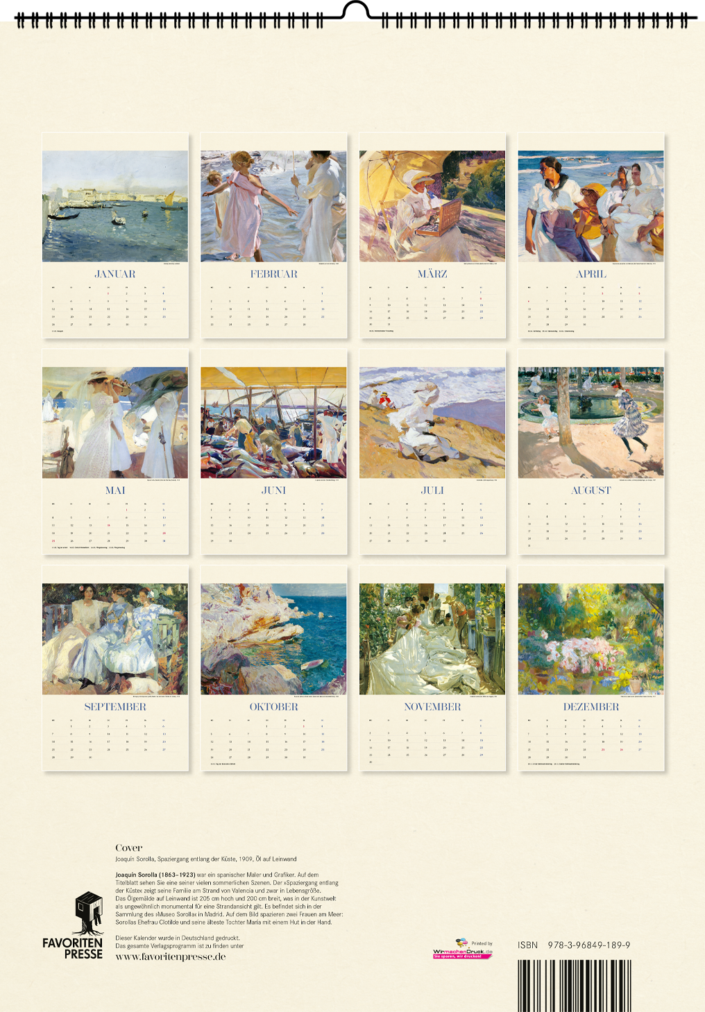 Rückseitencover Joaquín Sorolla. Wandkalender 2026