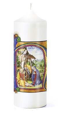 Vorderes Coverbild Weihnachtskerze »Christi Geburt« mit Kunstbuch-Motiv