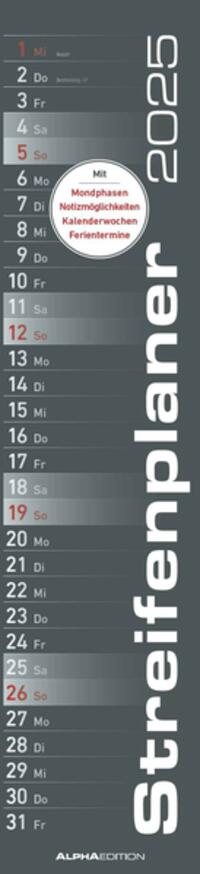 Vorderes Coverbild Alpha Edition - Streifenplaner SCHWARZ 2025, 11,3x49,5cm, Streifenkalender mit einer Spalte für Termine, 100-jähriger Kalender, Mondphasen, schmales Design und deutsches Kalendarium