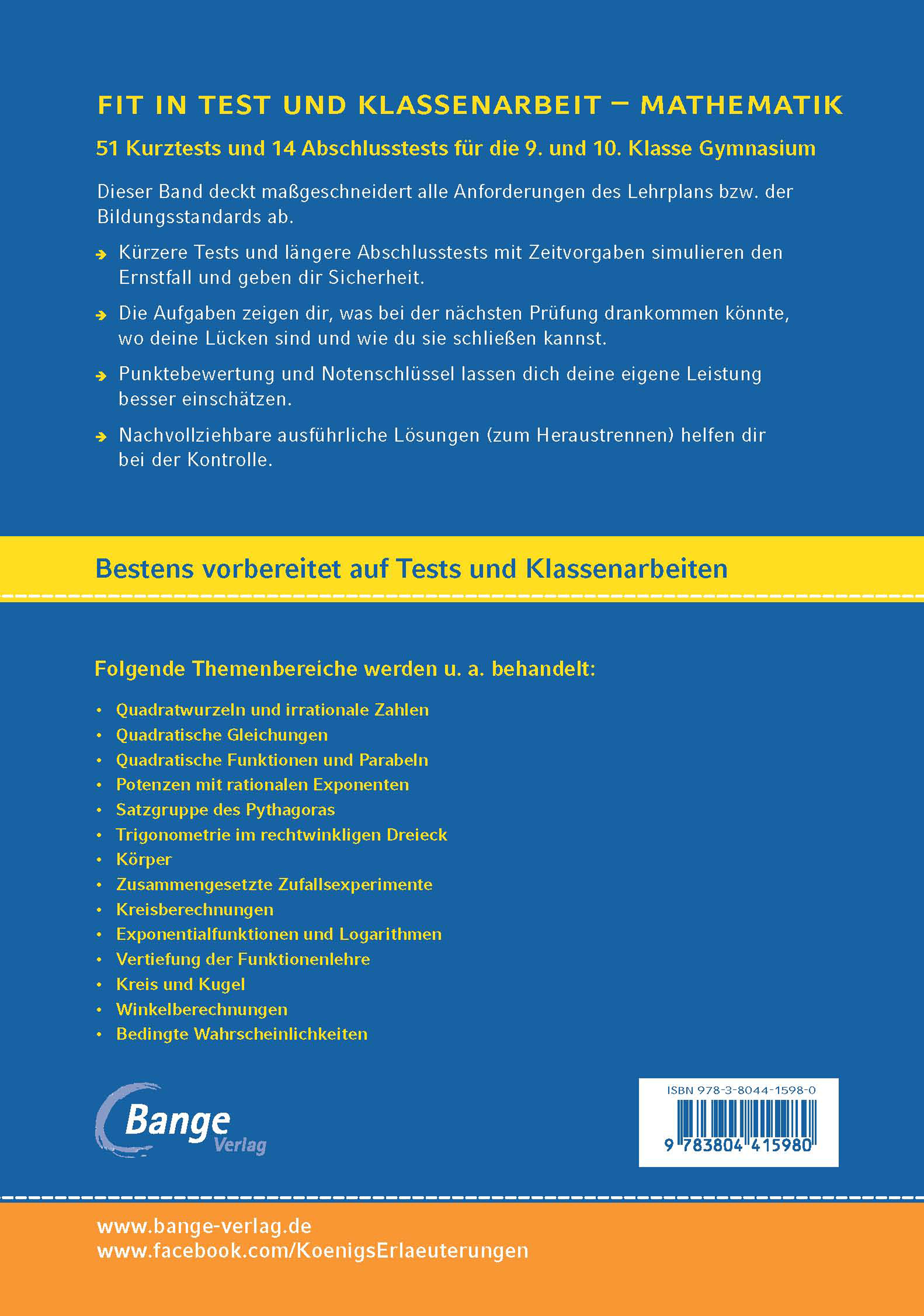 Rückseitencover Fit in Test und Klassenarbeit – Mathematik 9./10. Klasse Gymnasium