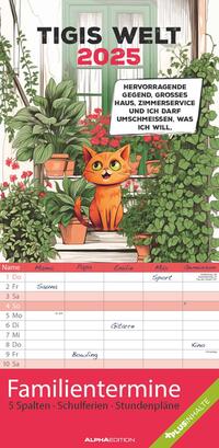 Vorderes Coverbild Alpha Edition - Tigi 2025 Familienplaner, 22x45cm, Familienkalender mit 5 Spalten für Termine, Pollenflugkalender, Bilder generiert durch Midjourney, Ferientermine DE/AT/CH, deutsches Kalendarium
