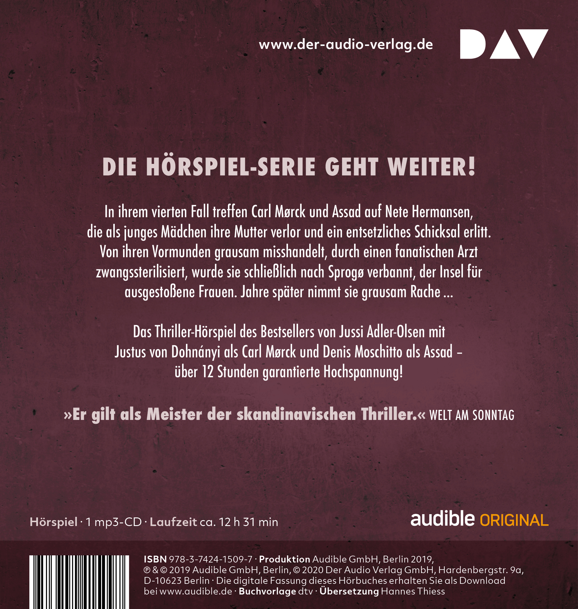 Rückseitencover Verachtung – Carl Mørck, Sonder&shy;dezernat Q, Fall 4