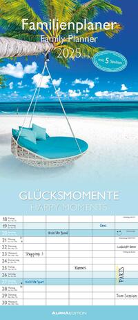 Vorderes Coverbild Alpha Edition - Glücksmomente 2025 Familienplaner, 19,5x45cm, Familienkalender mit 5 Spalten für Termine, Mondphasen, Kalenderwochen, Ferientermine DE/AT/CH und internationales Kalendarium