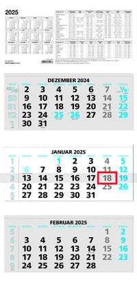 Vorderes Coverbild Zettler - 3-Monatskalender 2025 blau, 33,5x71cm, Bürokalender mit Jahresübersicht, Datumsschieber, faltbar, 3 Monate auf einen Blick, Feiertage/Ferientermine DE/AT/CH und deutsches Kalendarium