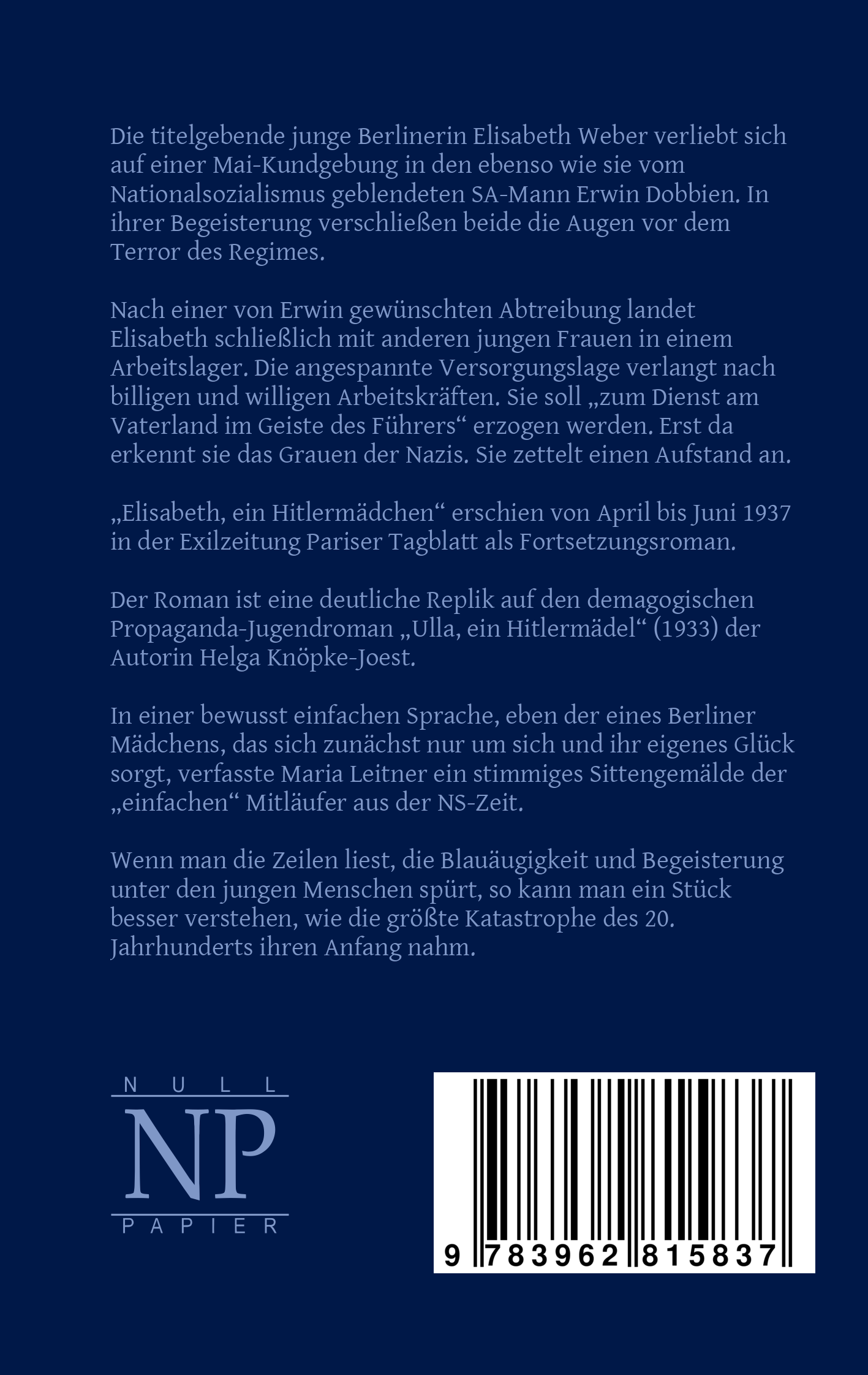 Rückseitencover Elisabeth, ein Hitlermädchen