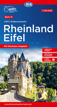 Vorderes Coverbild ADFC-Radtourenkarte 15 Rheinland /Eifel 1:150.000, reiß- und wetterfest, E-Bike geeignet, GPS-Tracks Download, mit Bett+Bike Symbolen, mit Kilometer-Angaben