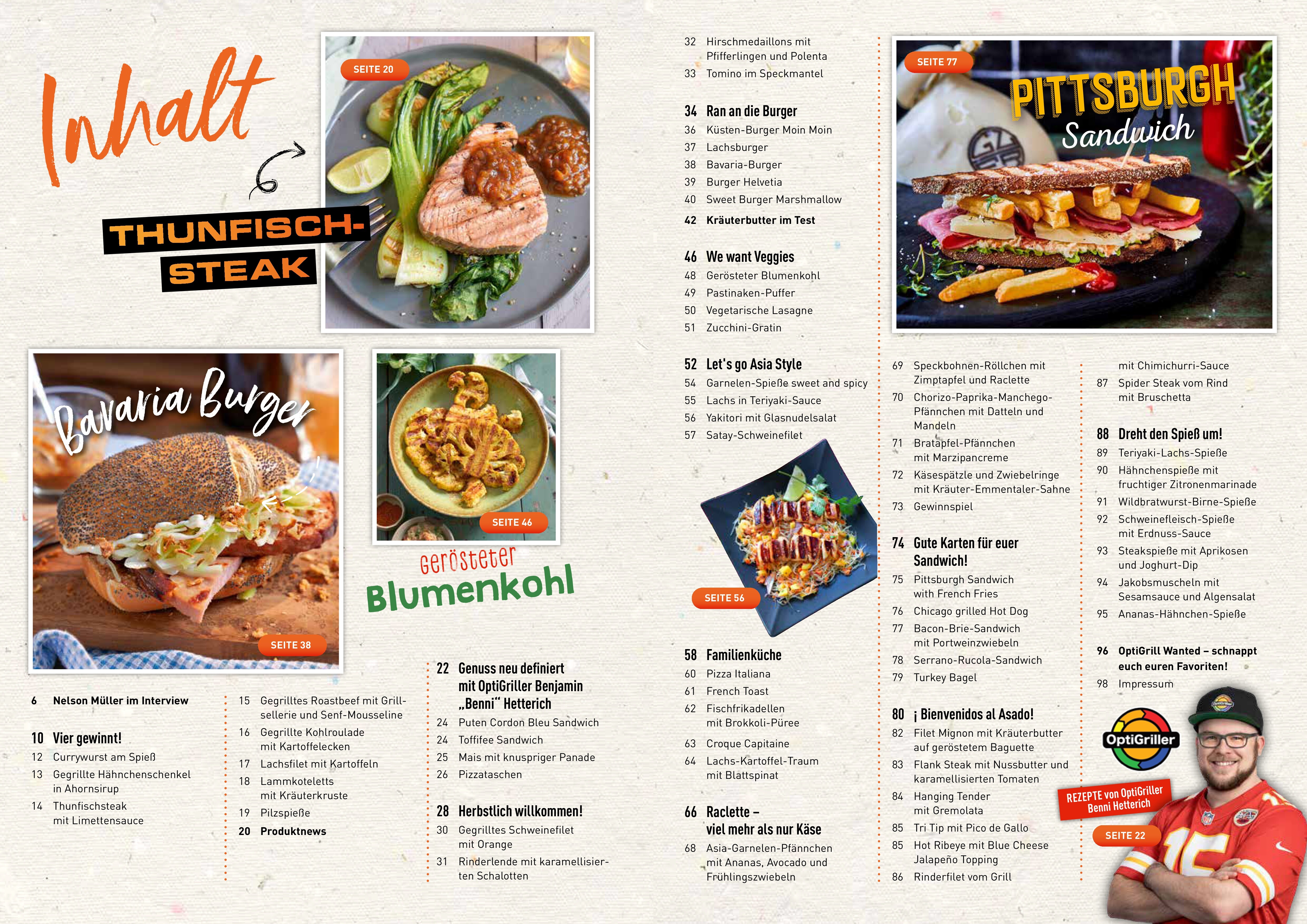 Beispielinhalt (Bild) OptiGrill Magazin: So leicht geht lecker. Der neue OptiGrill 4-in-1. Mit Starkoch Nelson Müller und Benni Hetterich "Der OptiGriller"