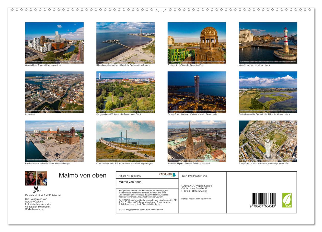 Beispielinhalt (Bild) Malmö von oben (hochwertiger Premium Wandkalender 2026 DIN A2 quer), Kunstdruck in Hochglanz