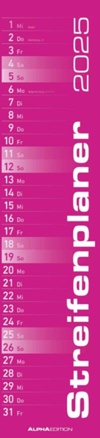 Vorderes Coverbild Alpha Edition - Streifenplaner PINK 2025, 11,3x49,5cm, Streifenkalender mit einer Spalte für Termine, Jahresübersichten, 100-jähriger Kalender, Ferientermine DE/AT/CH und deutsches Kalendarium