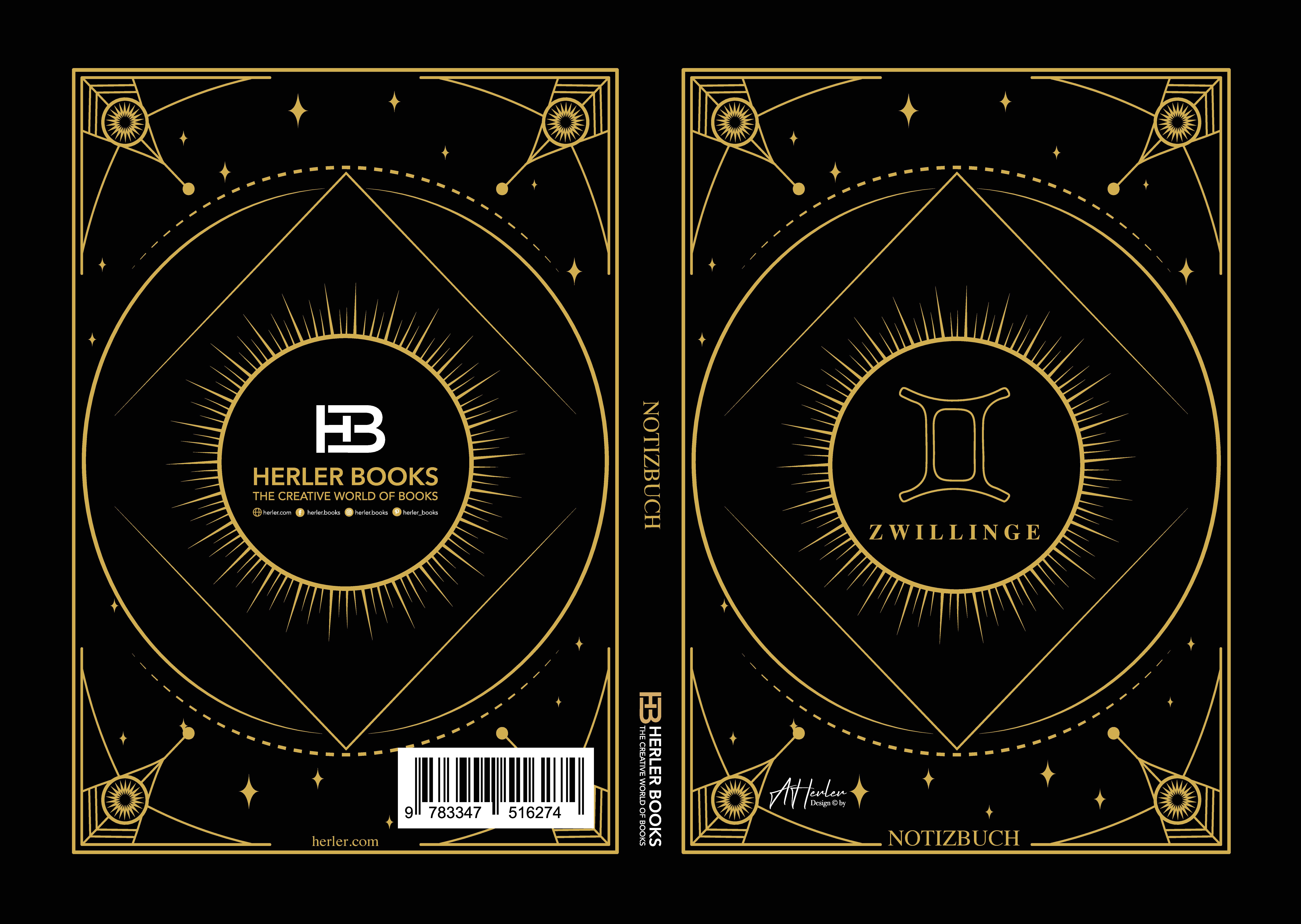Gesamtes Coverbild Edles Notizbuch Sternzeichen Zwillinge | Designed by Alfred Herler