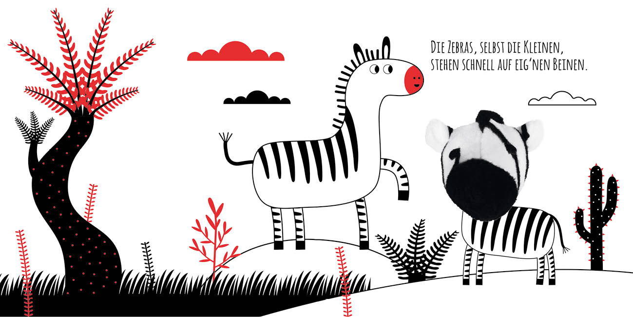 Beispielinhalt (Bild) Kontrastbuch für Babys mit Fingerpuppe: Guck mal, kleines Zebra