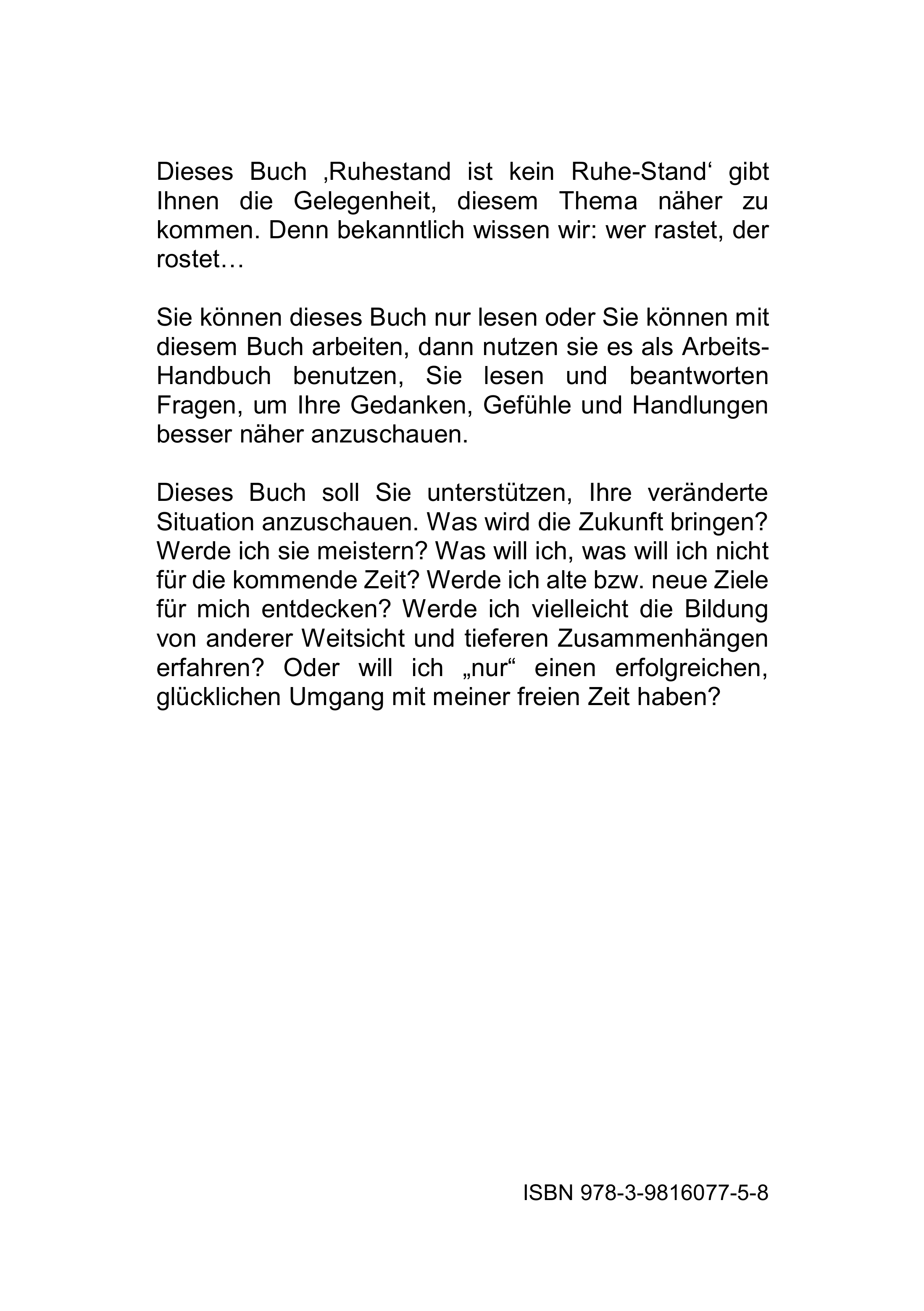 Rückseitencover Ruhestand ist kein Ruhe-Stand