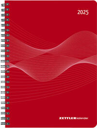 Vorderes Coverbild Zettler - Wochenplaner 2025 rot, 15x21cm, Taschenkalender mit 128 Seiten, 1 Woche auf 2 Seiten, Adressteil, Ringbindung, Monatsübersicht, Mondphasen und deutsches Kalendarium